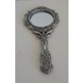ORNATE, SMALL SILVER PLATED HAND MIRROR