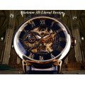 Forsining Mens Automatic Mechanical Watch Luxury Golden Skeleton Design Leather Band Wristwatch