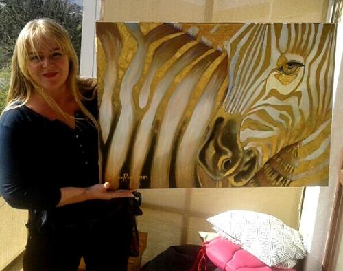 Cherie Roe Dirksen pictured here with her painting Zebra Code - South African Artist Art