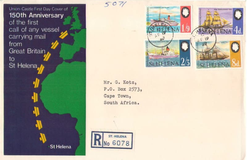 ST HELENA FDC 150 ANNIVERSARY OF 1ST MAIL VESSEL