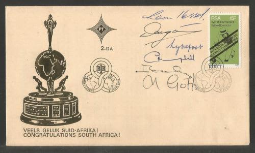 RSA 1976 BOWLS WINNERS OFFICIAL FDC 2.12A SIGNED BY WINNING TEAM WITH LEN KESSEL 1ST IN BLUE INK