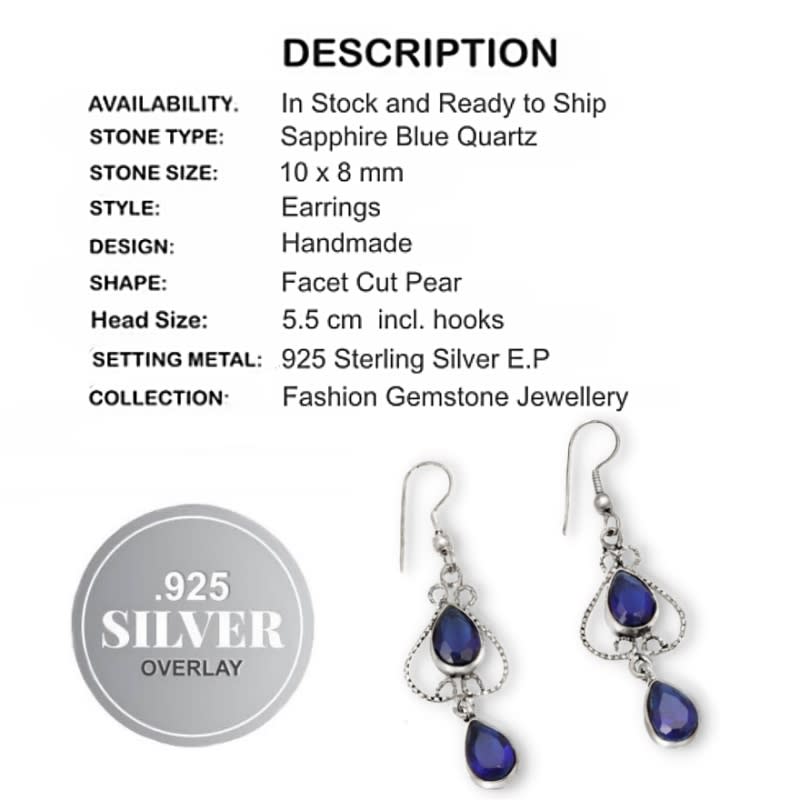 Handmade Sapphire Blue Quartz Gemstone 925 Silver Earrings