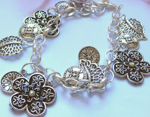 Silvertone Charm Bracelet with Flower and Leaf Charms
