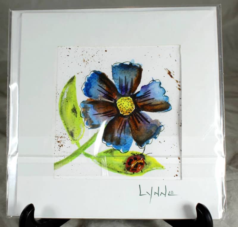 Lynne Jackson - Ladybird on blue flower - A beautiful watercolor greeting card!! - Bid now!!