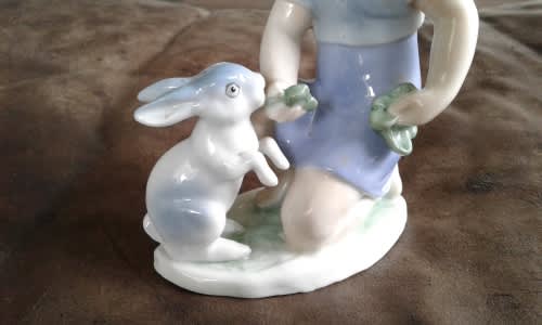 Vintage Porcelain Figurine Little Girl Feeding A Rabbit In Shades Of Blue German Not Marked