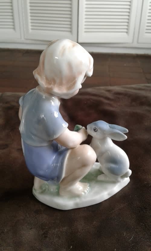 Vintage Porcelain Figurine Little Girl Feeding A Rabbit In Shades Of Blue German Not Marked