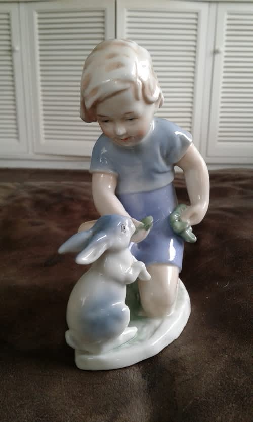 Vintage Porcelain Figurine Little Girl Feeding A Rabbit In Shades Of Blue German Not Marked