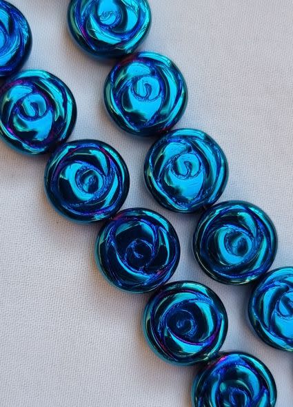 10pc  (10mm) Blue/ Flat Round / Flower  / Electroplate  Glass Beads