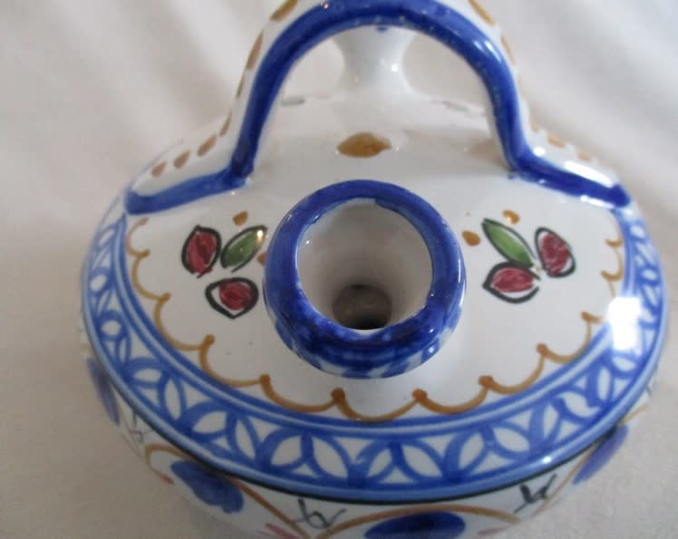 Antique Hand Painted Majolica/faience double spouted Botijo Water Jug - signed