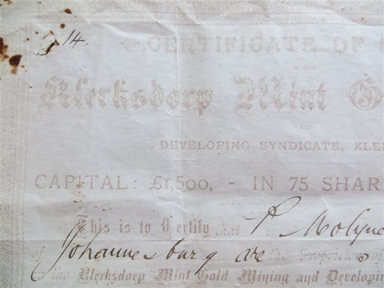 Klerksdorp Mint Gold Mining Co. Share certificate  , 1890 ***SCARCE***
