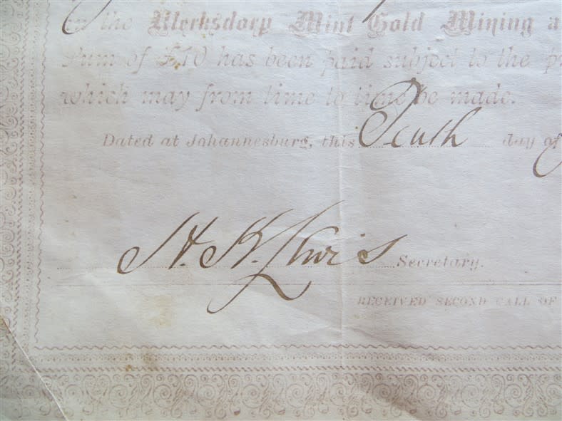 Klerksdorp Mint Gold Mining Co. Share certificate  , 1890 ***SCARCE***
