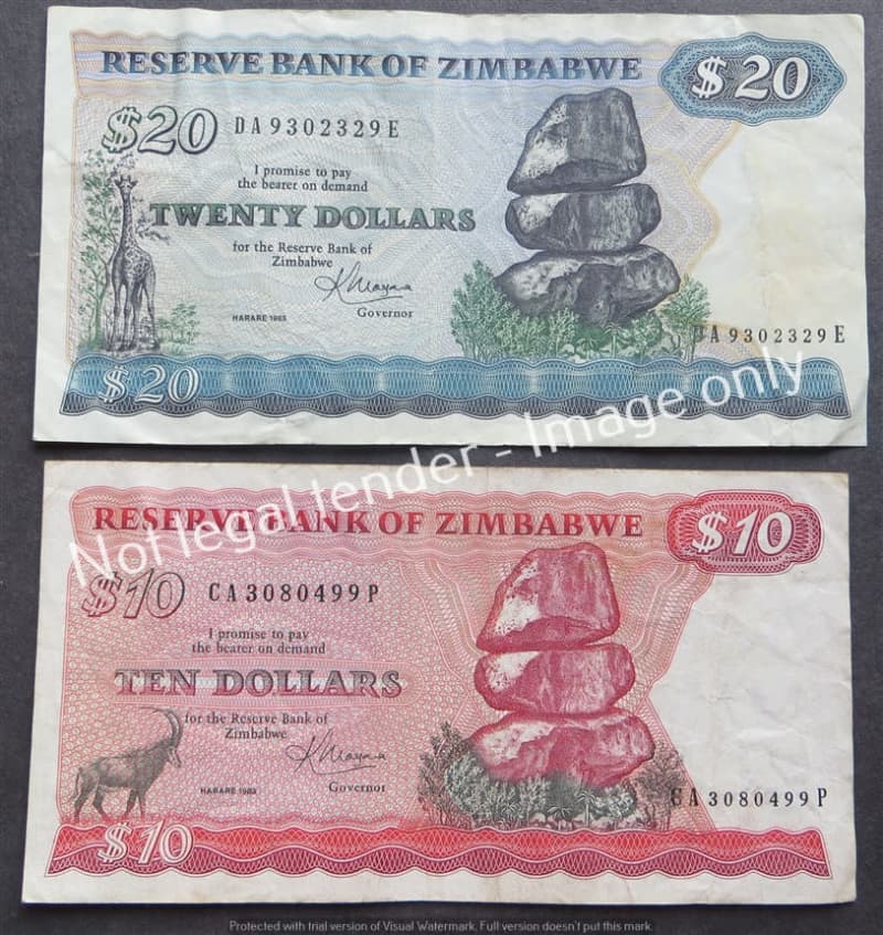 1983 Harare Zimbabwe $20 + $10 bank Note