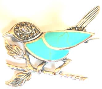 Sterling Silver Enamel Marcasite Bird Brooch.