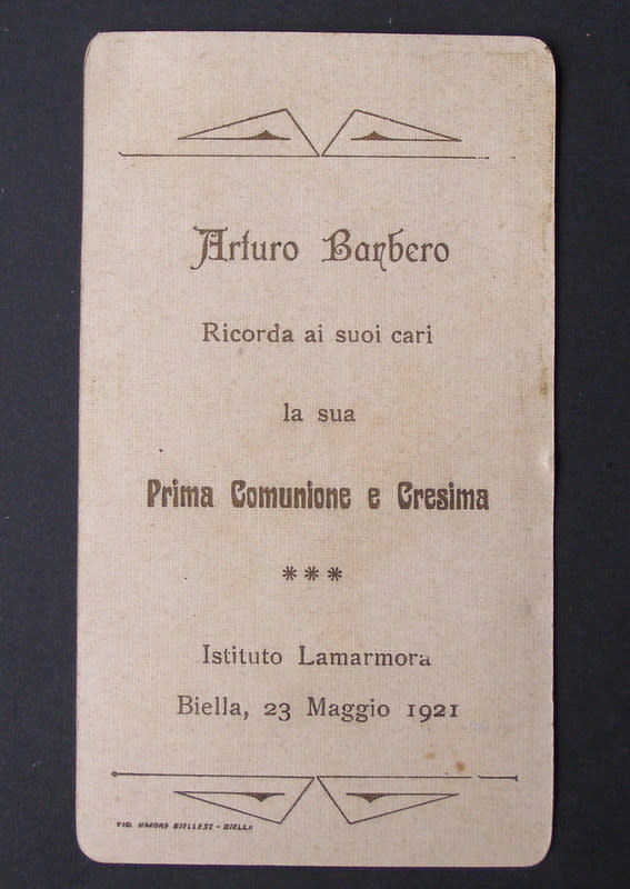 Italian FIRST COMMUNION CARD - Arturo Barbero 1921