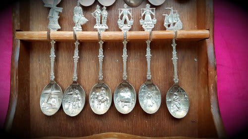 12 Vintage EPNS spoons on wooden wall Rack 300x200x62mm