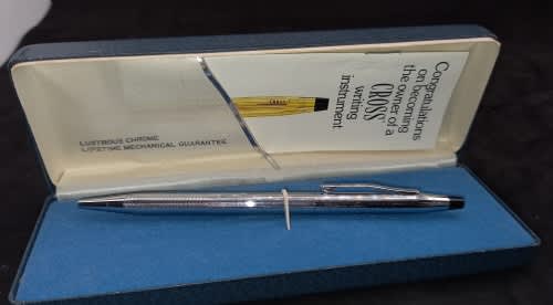 Vintage Chrome Cross Ballpoint pen in Case with warranty card- Ink ok - personalized