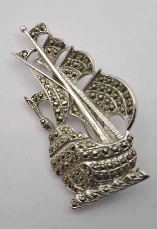 Vintage white Metal Brooch -Ship - 52x28mm