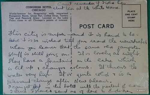 Vintage Post Card - Congress Hotel, Chicago, Illinois - Message on reverse - Not postally used.