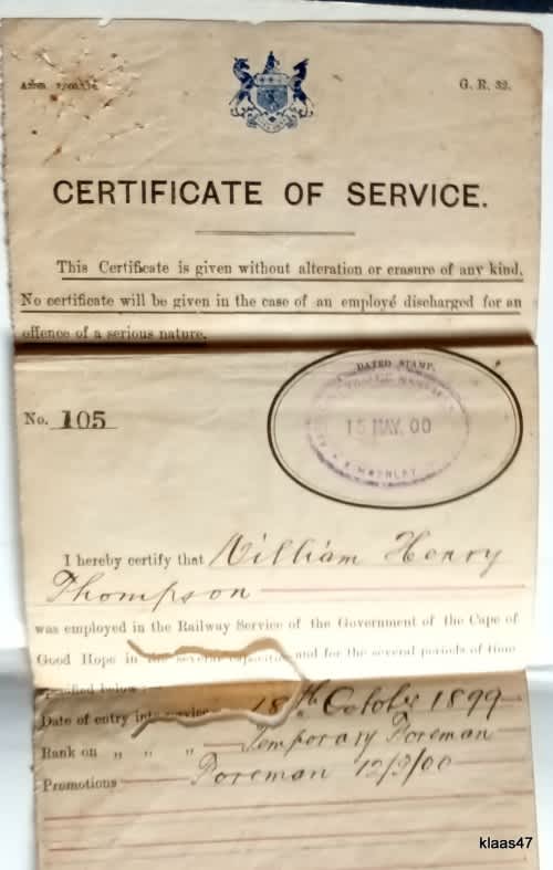 Certificate of Service - Railway Services of the Government of the Cape of Good Hope - 1900