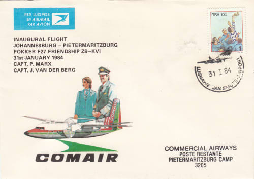 FIRST FLIGHT COVER 1984: COMAIR INAUGURAL FLIGHT JHB - PIETERMARITZBURG