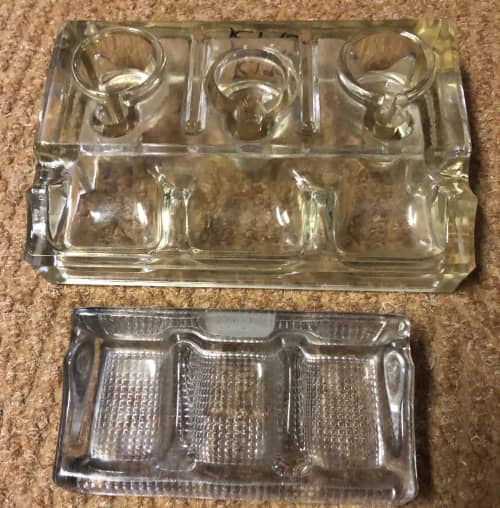ANTIQUE SET OF TWO GLASS DESK INKWELLS, RINSE BAYS AND PEN HOLDERS