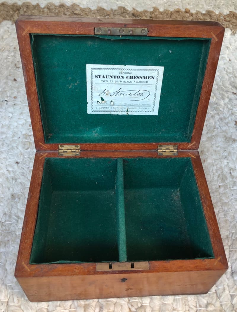 CHESS PIECES ORIGINAL MAHOGANY STORAGE ANTIQUE BOX ONLY SIGNED STAUNTON