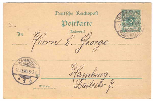 Pre-printed Deutsche Reichspost Postkarte - from Rostook to Hamburg - 12 October 1896