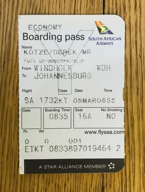 SOUTH AFRICAN AIRWAYS SAA PART TICKET WINDHOEK to JOHANNESBURG BOARDING PASS.