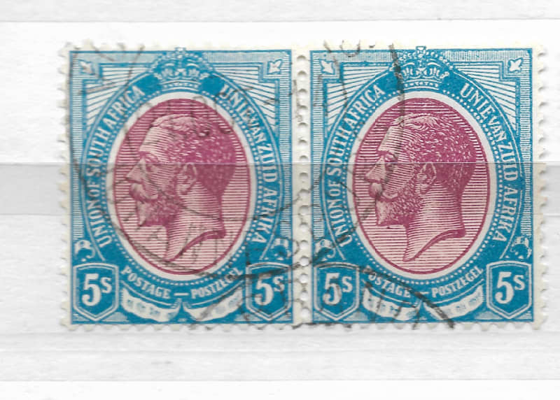 Union of SA 1913 SACC14 5s purple and dark blue - Very Fine Used Pair