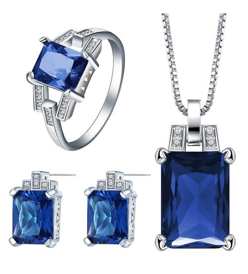 Misso Classic Blue Crystal Sapphire Gem Ring,Earrings and Pendant Set Gold Plated Wedding Ring