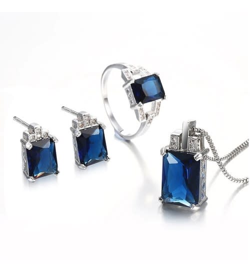 Misso Classic Blue Crystal Sapphire Gem Ring,Earrings and Pendant Set Gold Plated Wedding Ring