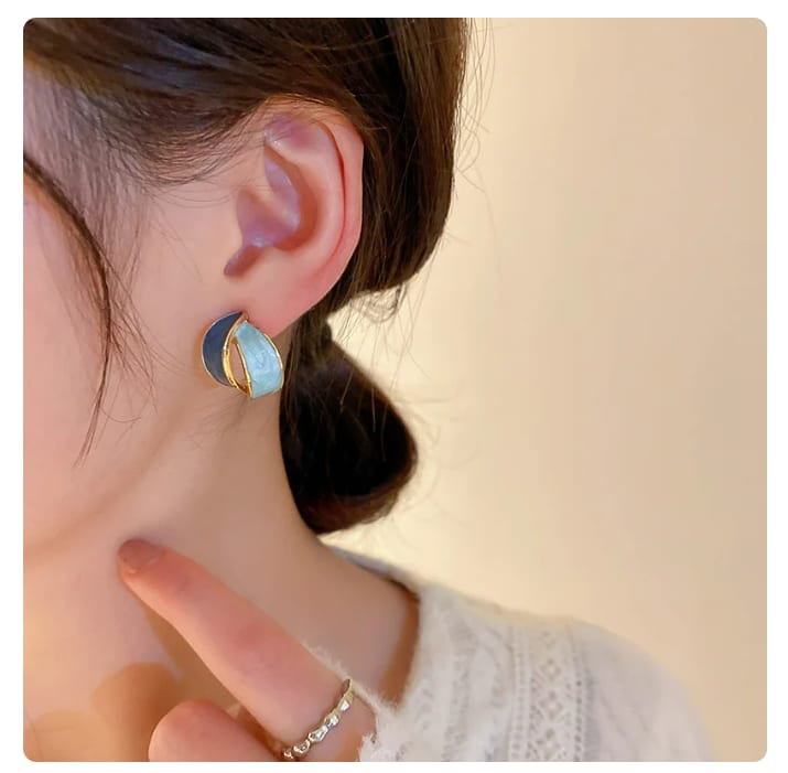 Double Arc Cross Enamel Blue Geometric Earring  Contrast Colour  Women Jewellery