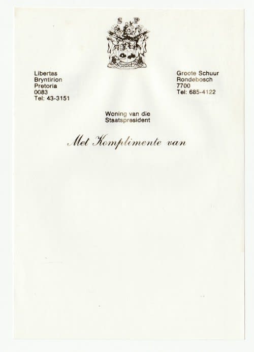 RSA With Compliments of - Residence of the State President Stationary