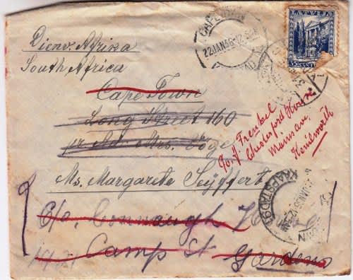 1936 Cover from Latvia to Cape Town - C/O then reposted inside Cape Town - Tatty condition