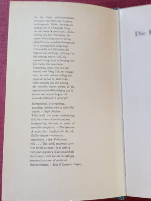 Die Brug oor die Rivier Kwaï deur P Boulle. 1ste Afrikaanse uitgawe 1962. H/B. 239 pp.