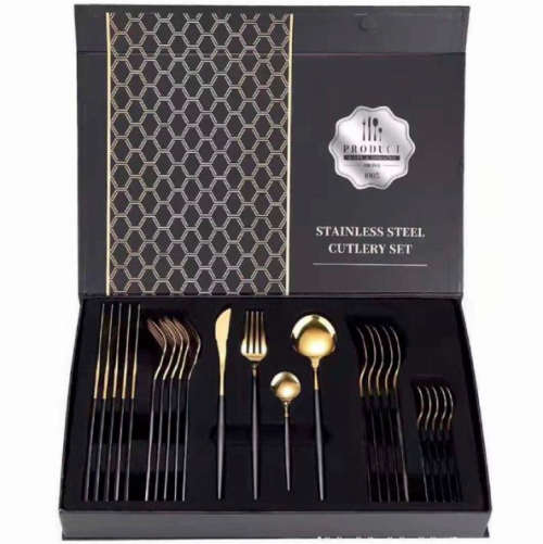 Full Cutlery Sets Black and Gold Stainless Steel Cutlery Set 24
