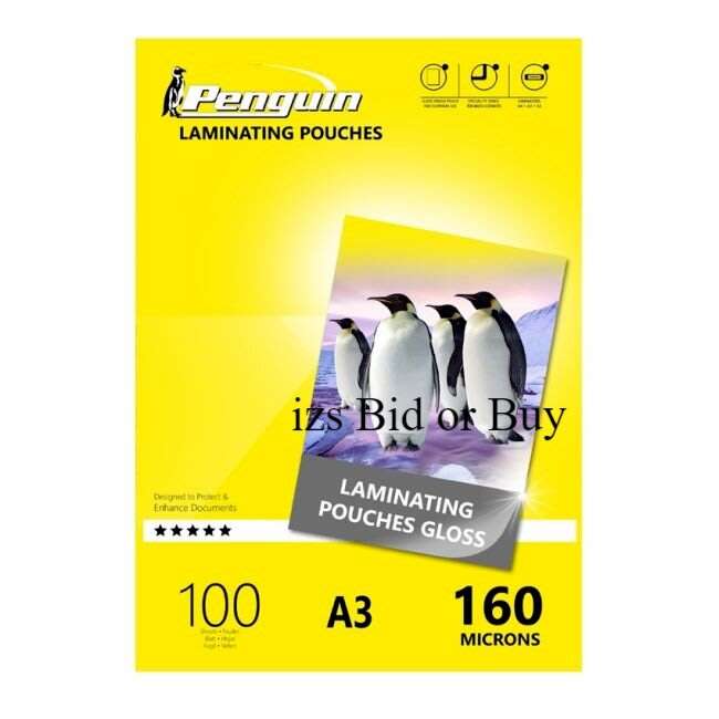 Laminators & Supplies Penguin A3 Gloss Laminating Pouches 160 Micron 100 Pack for sale in