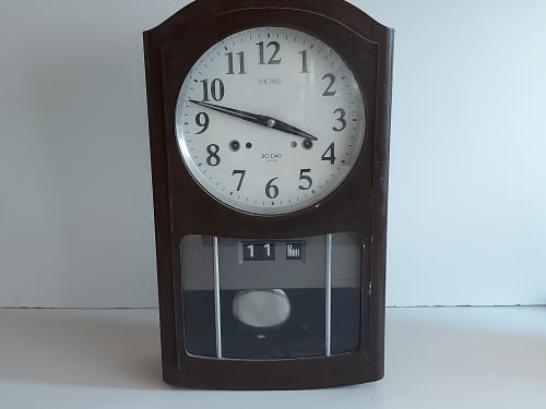 Cuckoo & Wall Clocks - VINTAGE SEIKO 30 DAY JAPAN WALL CLOCK IN A WOODEN  CASING, WITH KEY AND PENDULUM AND WORKING was sold for  on 13 Apr at  22:33 by