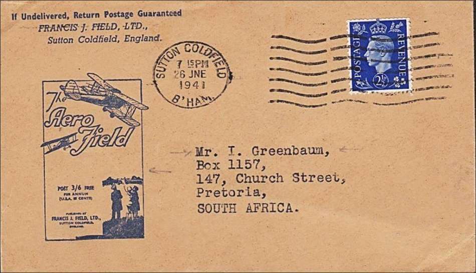 England Excellent 1941 WWII "Return Postage Guaranteed" Sutton