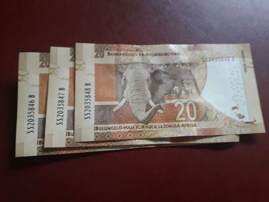 L Kganyago RSA 20 Rand Banknotes sequential Numbers For Sale In l-kganyago-rsa-20-rand-banknotes-sequential-numbers-for-sale-in