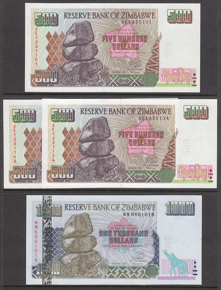 Africa - ZIMBABWE BANK NOTES 2001/03 $500 (3) AND $1000 UN was sold for ...