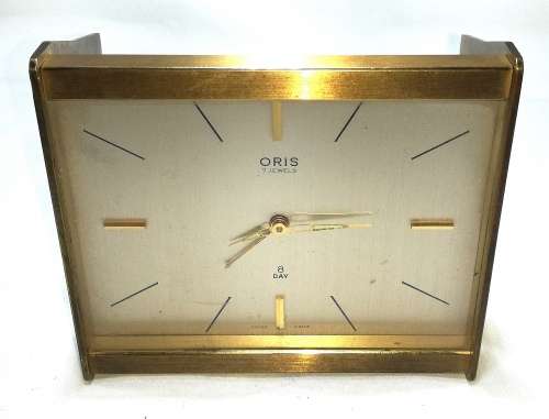 Vintage Art Deco Oris 7 Jewels 8 Day Swiss Made Clock in Brass Case