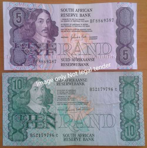 GPC de Kock 1980`s R5 and R10 note set for sale in Johannesburg (ID