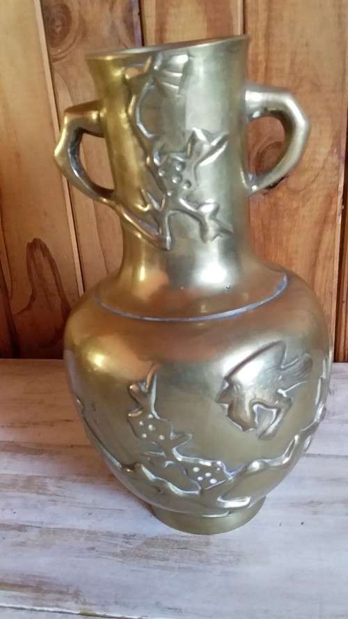 Brass Solid Brass Chinese Vase with Raised Detail & Markings was sold