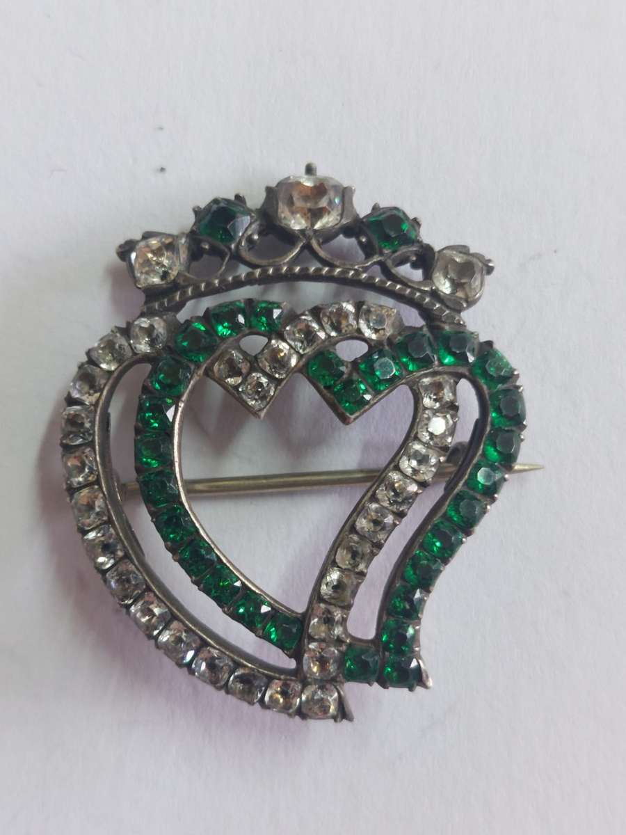 Brooches Very Rare!! Early Victorian silver & paste double heart