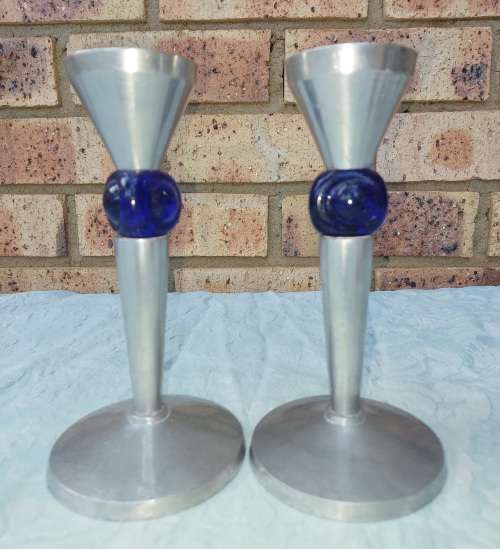 Candlesticks & Candle Snuffers A PAIR ART DECOR ALUMINUM ALLOY WITH COBALT BLUE GLASS INSERT