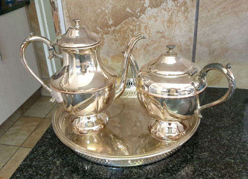 Viking plate e.p. copper creamer and sugar picture