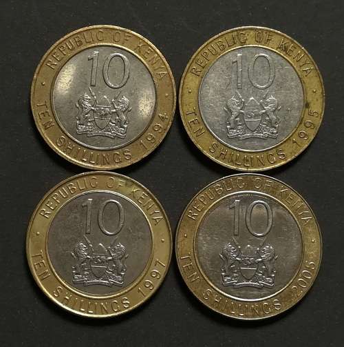 Africa KENYA 10 SHILLINGS 1994+1995+1997+2005 (4 COINS) for sale in