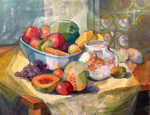 Paintings - FRUIT AND FISH - An original painting by Liz Fitzhenry was ...