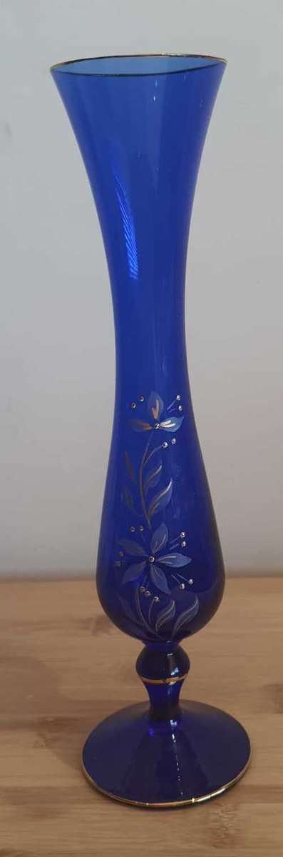 Vases Vintage 25cm Blue Hand Painted Long Stemmed Vase was